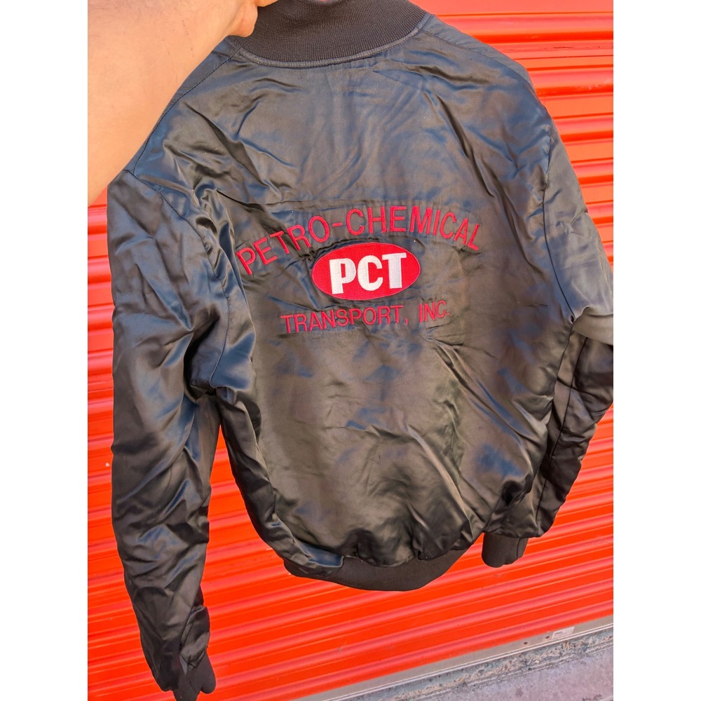 Vintage Holloway Petro-Chemical Transport PCT Bomber Jacket Black Satin Medium L